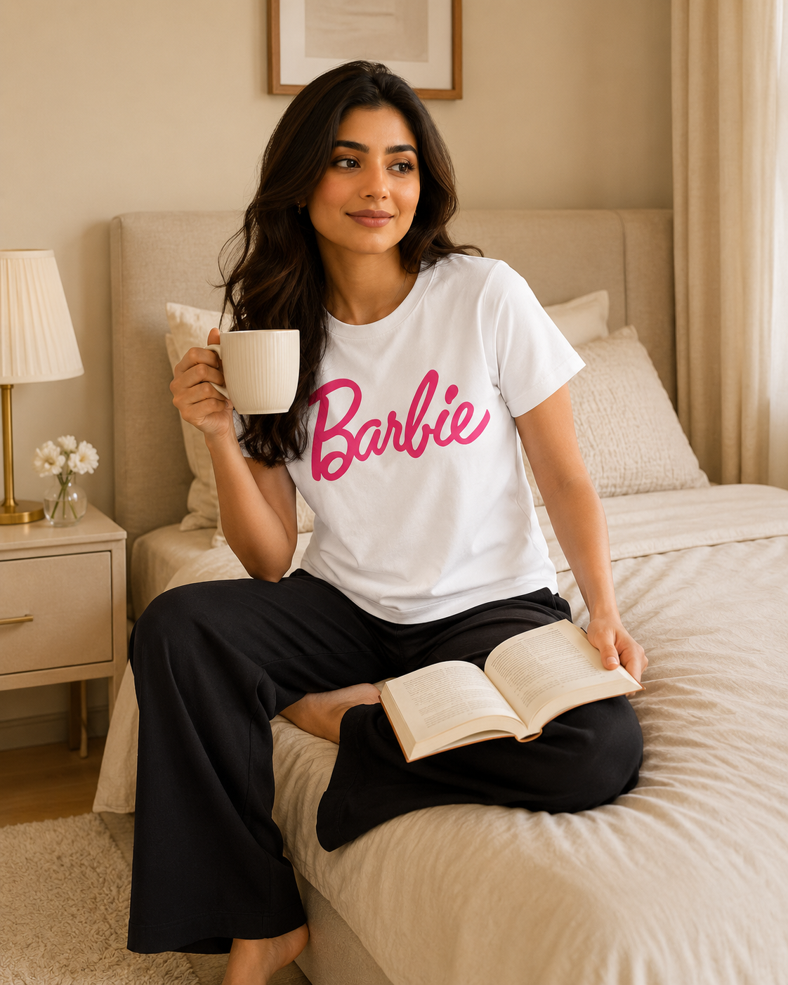 Barbie Printed White T-shirt and Black Pajama Night Suit