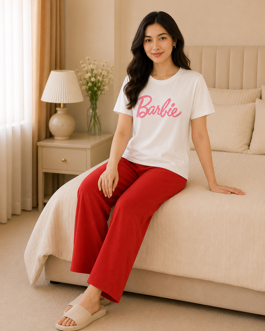 Barbie Printed White T-shirt and Red Pajama Night Suit