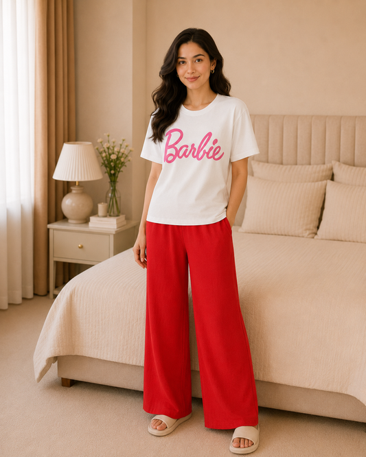 Barbie Printed White T-shirt and Red Pajama Night Suit