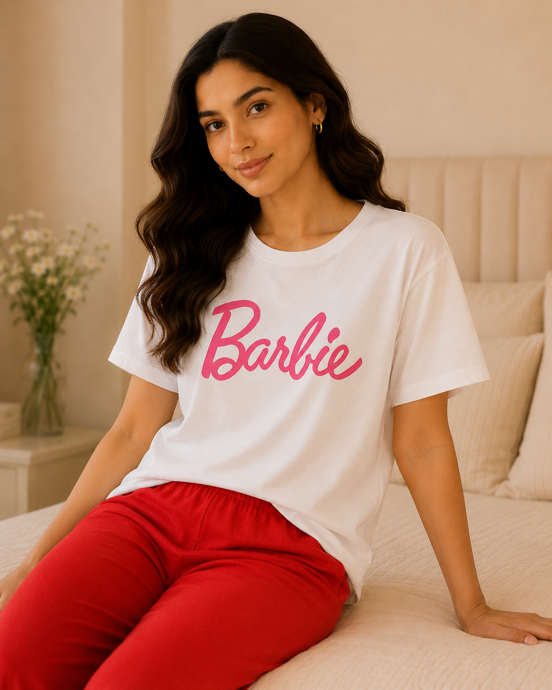 Barbie Printed White T-shirt and Red Pajama Night Suit