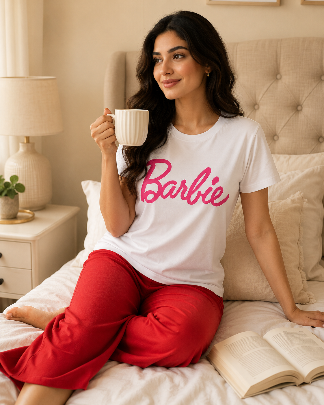 Barbie Printed White T-shirt and Red Pajama Night Suit