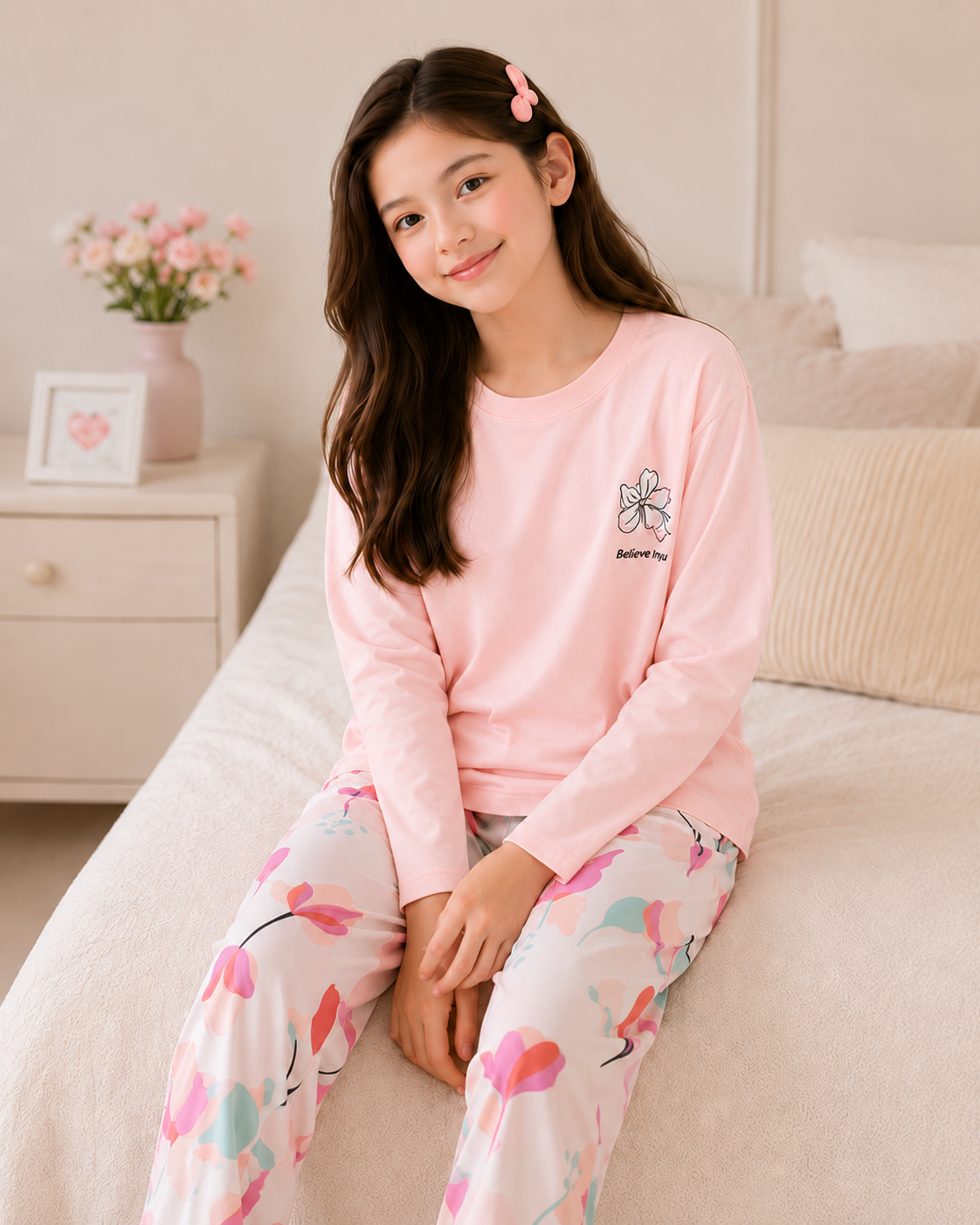 Pink Bird Full Sleeve Night Suit for Girls