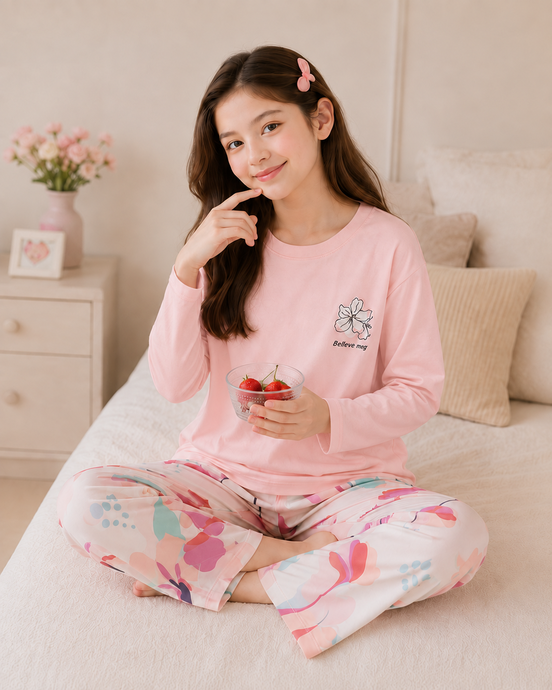 Pink Bird Full Sleeve Night Suit for Girls