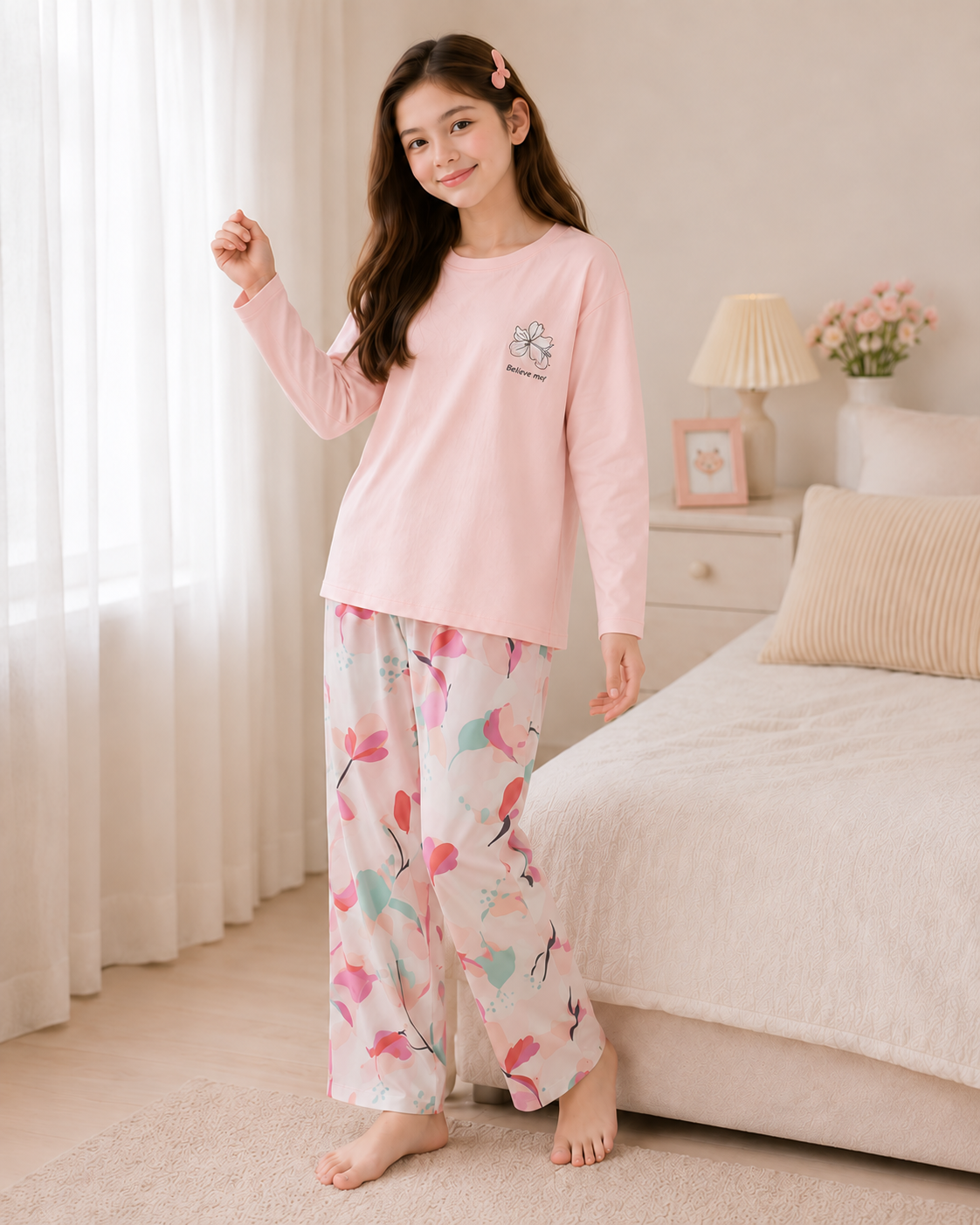 Pink Bird Full Sleeve Night Suit for Girls