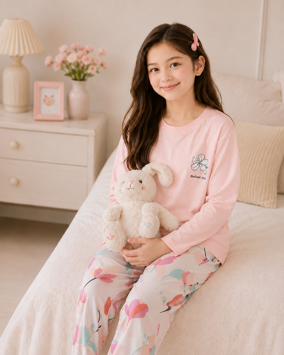 Pink Bird Full Sleeve Night Suit for Girls