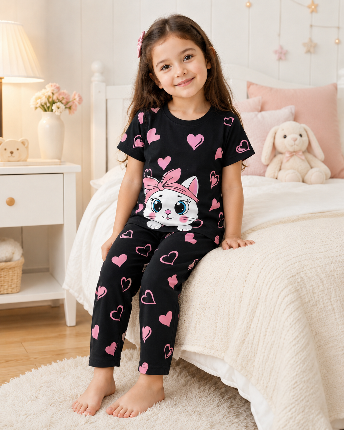 Cute Black Printed Kids Nightwear