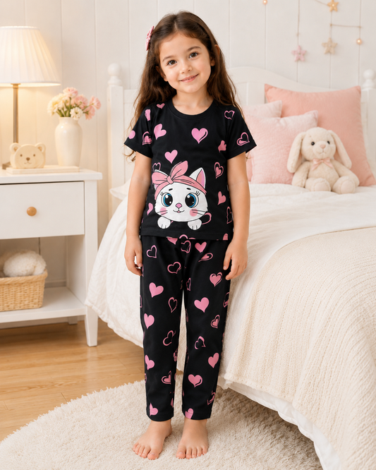 Cute Black Printed Kids Nightwear