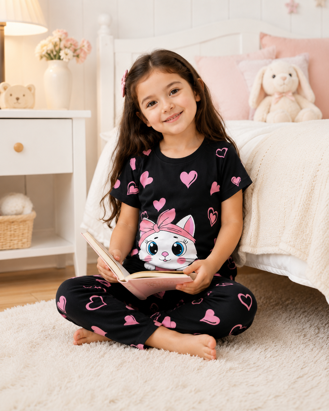 Cute Black Printed Kids Nightwear