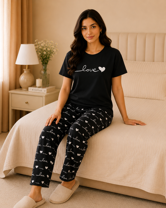 Black Love Printed Night Suit