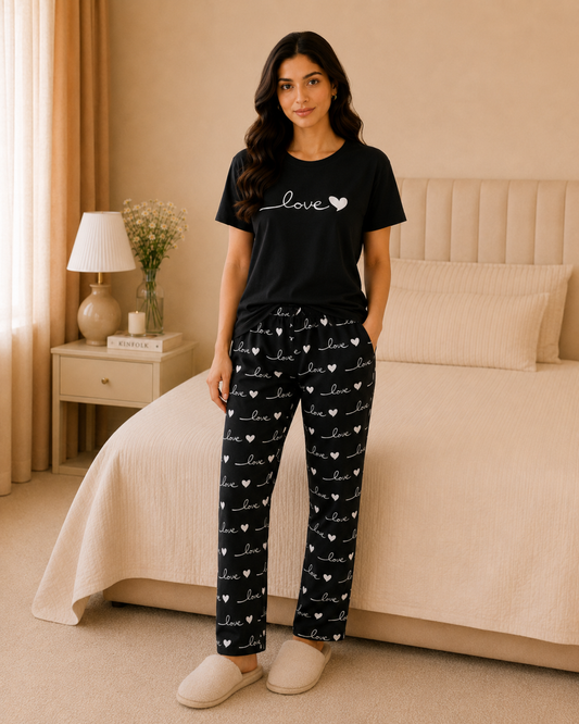 Black Love Printed Night Suit