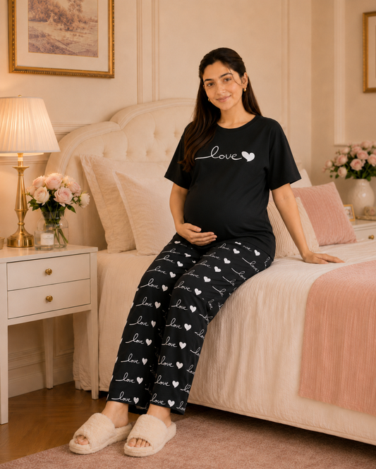 Black Love Maternity Cotton Night Suit