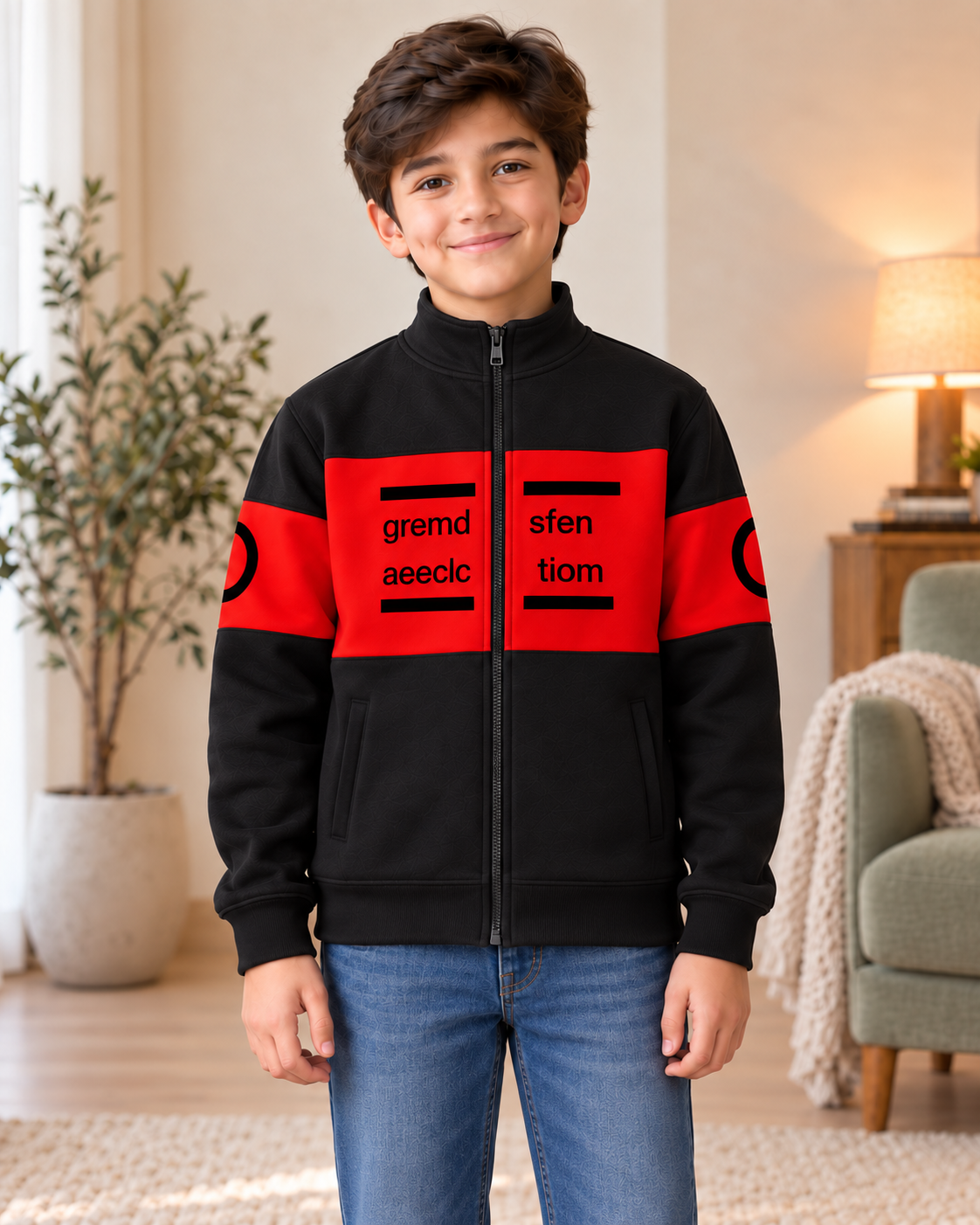 Silsila kids black and red graphic zip-up jacket, front view