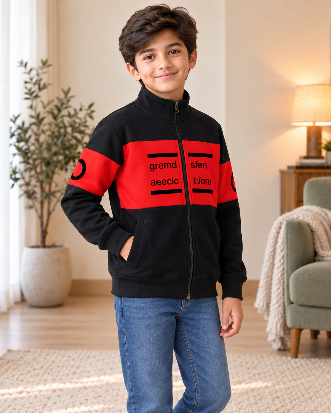 Kids Black & Red Graphic Zip-Up Jacket, three-quarter