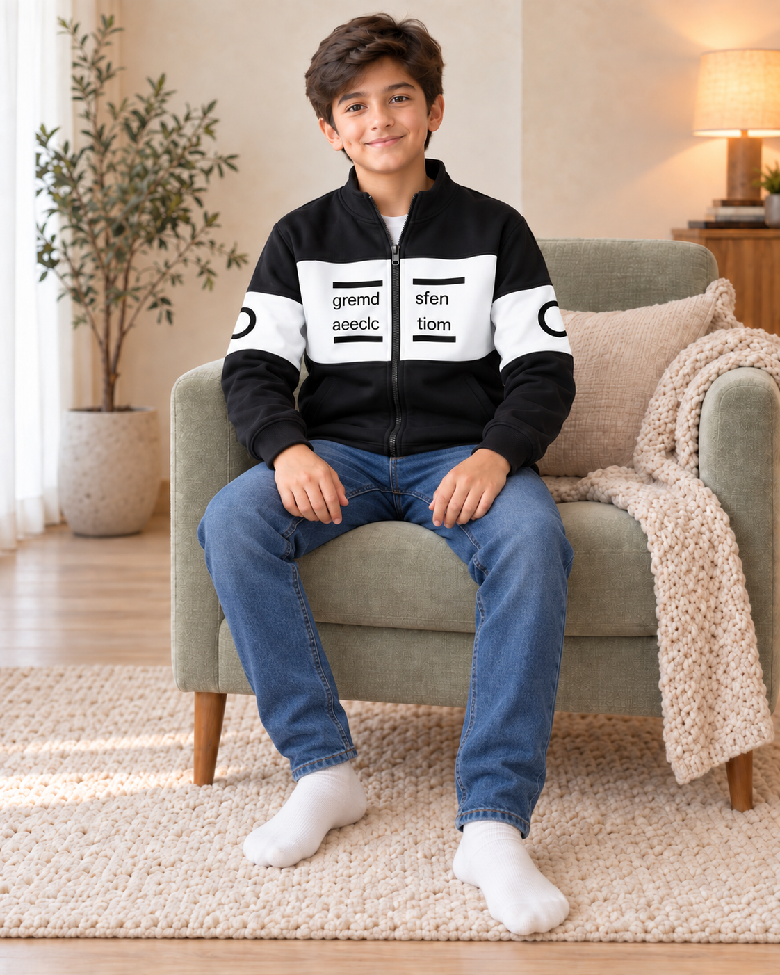 Kids Black & White Graphic Zip-Up Jacket, sitting