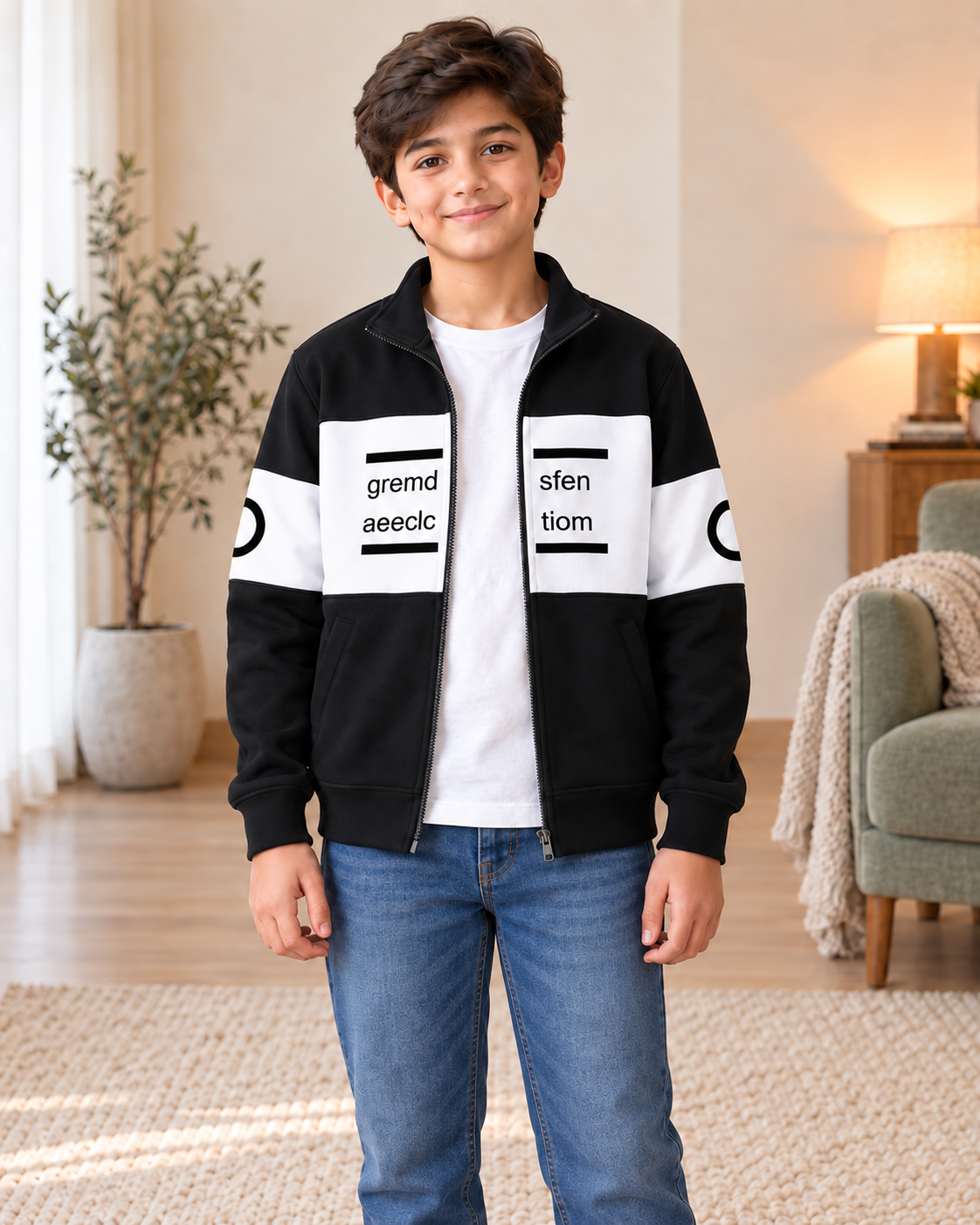 Kids Black & White Graphic Zip-Up Jacket, open zip