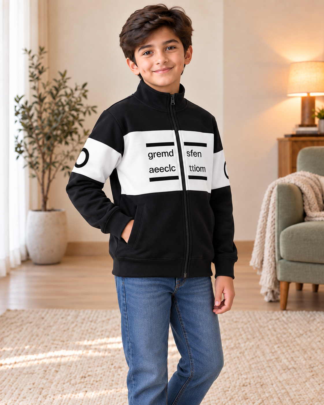 Kids Black & White Graphic Zip-Up Jacket, three-quarter