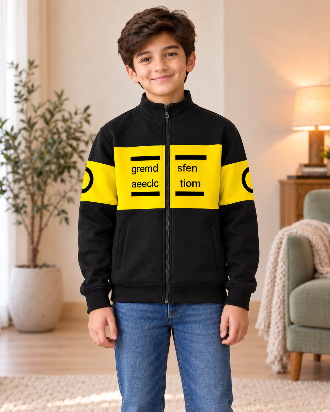 Kids Black & Yellow Graphic Zip-Up Jacket, front
