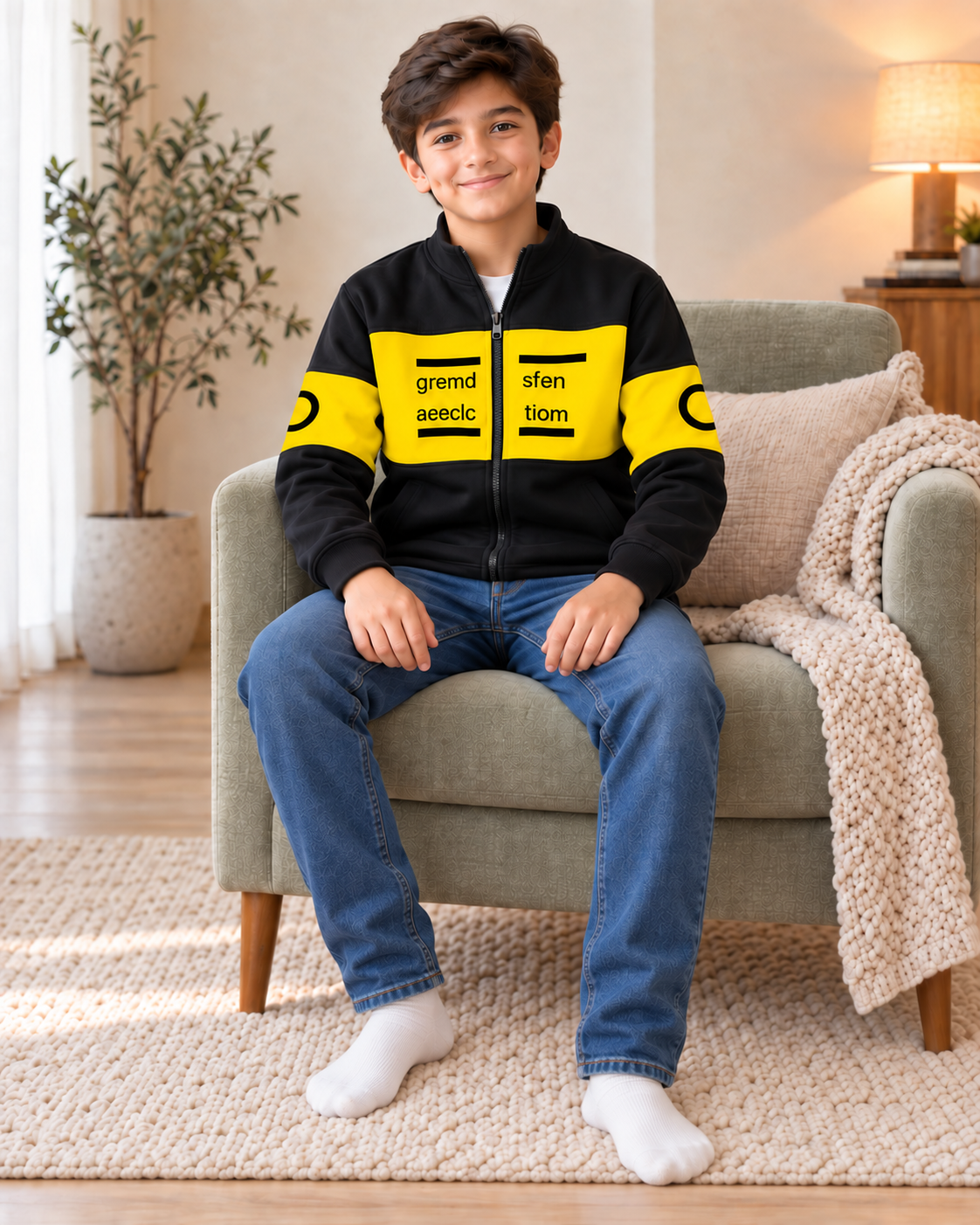 Kids Black & Yellow Graphic Zip-Up Jacket, sitting