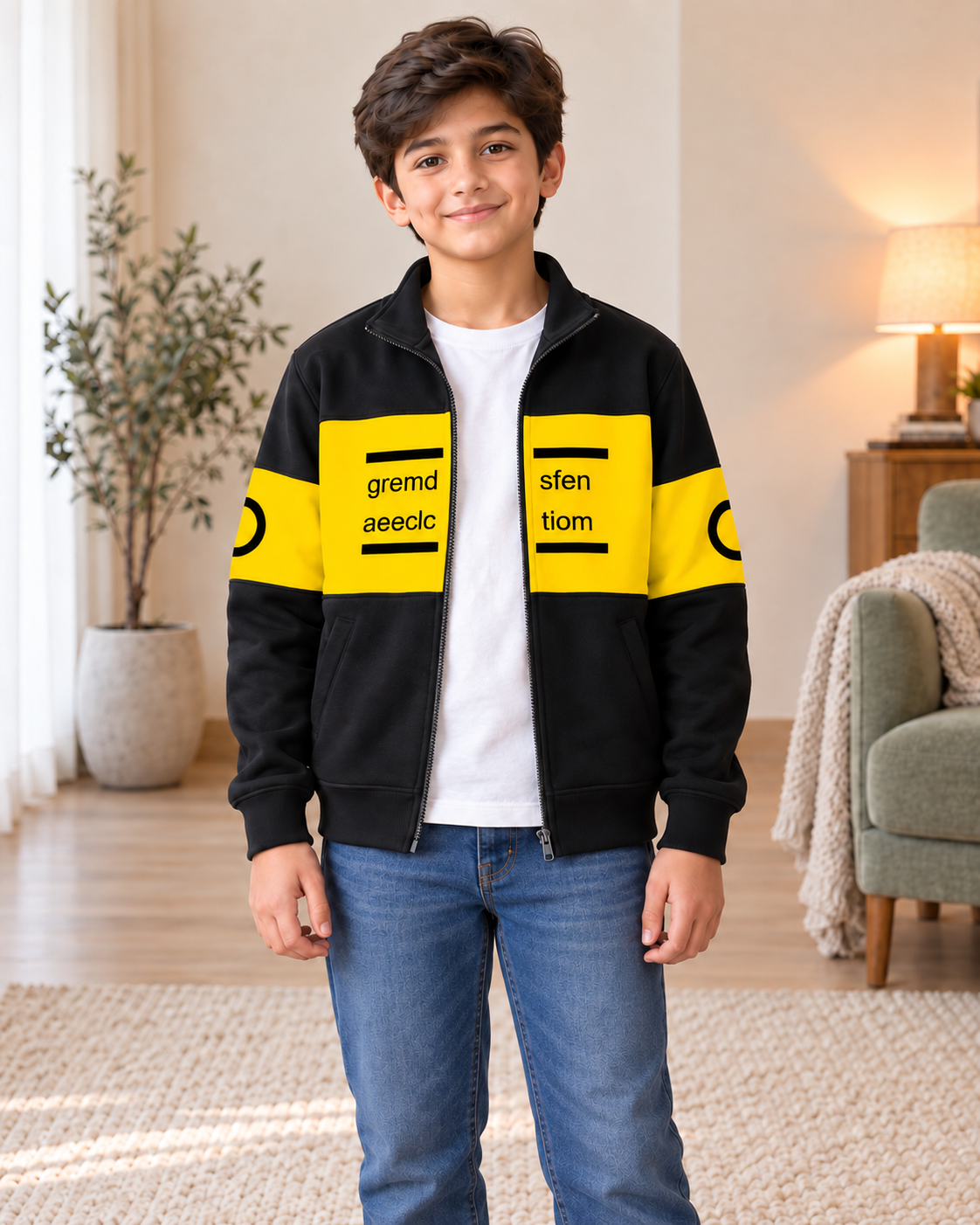 Kids Black & Yellow Graphic Zip-Up Jacket, open zip