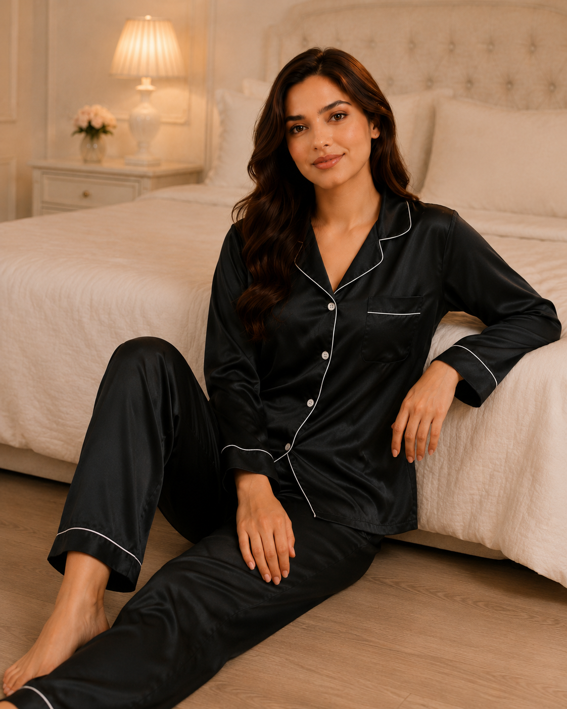 Black Silk Night Suit for Women and Girls