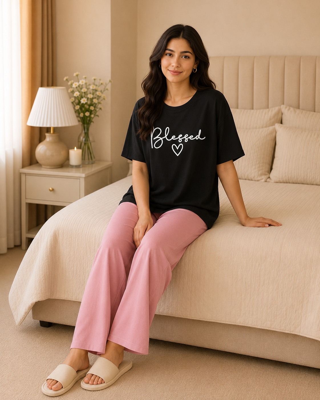 Blessed Printed Black T-shirt and Pink Pajama Night Suit