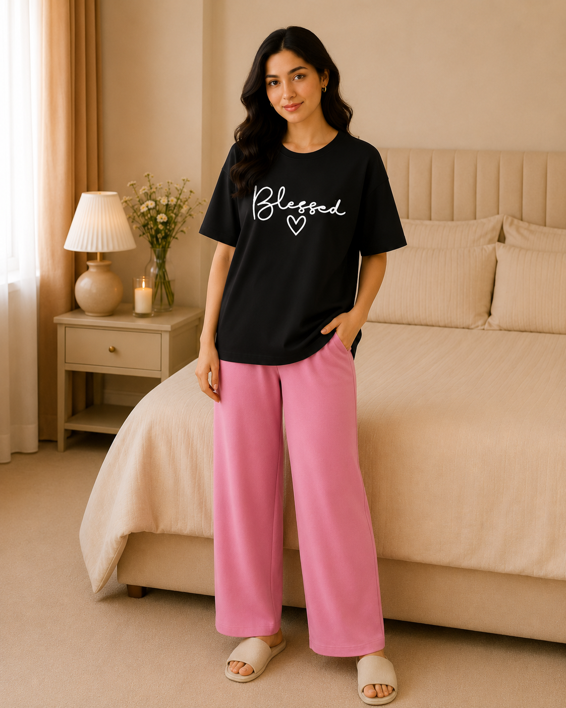 Blessed Printed Black T-shirt and Pink Pajama Night Suit