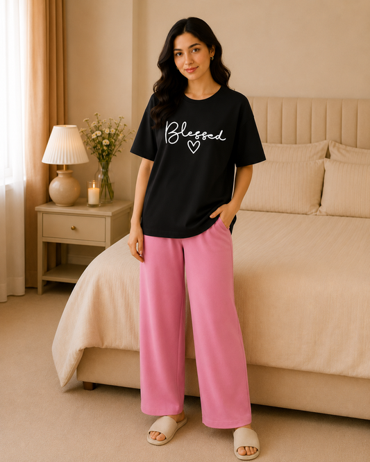 Blessed Printed Black T-shirt and Pink Pajama Night Suit