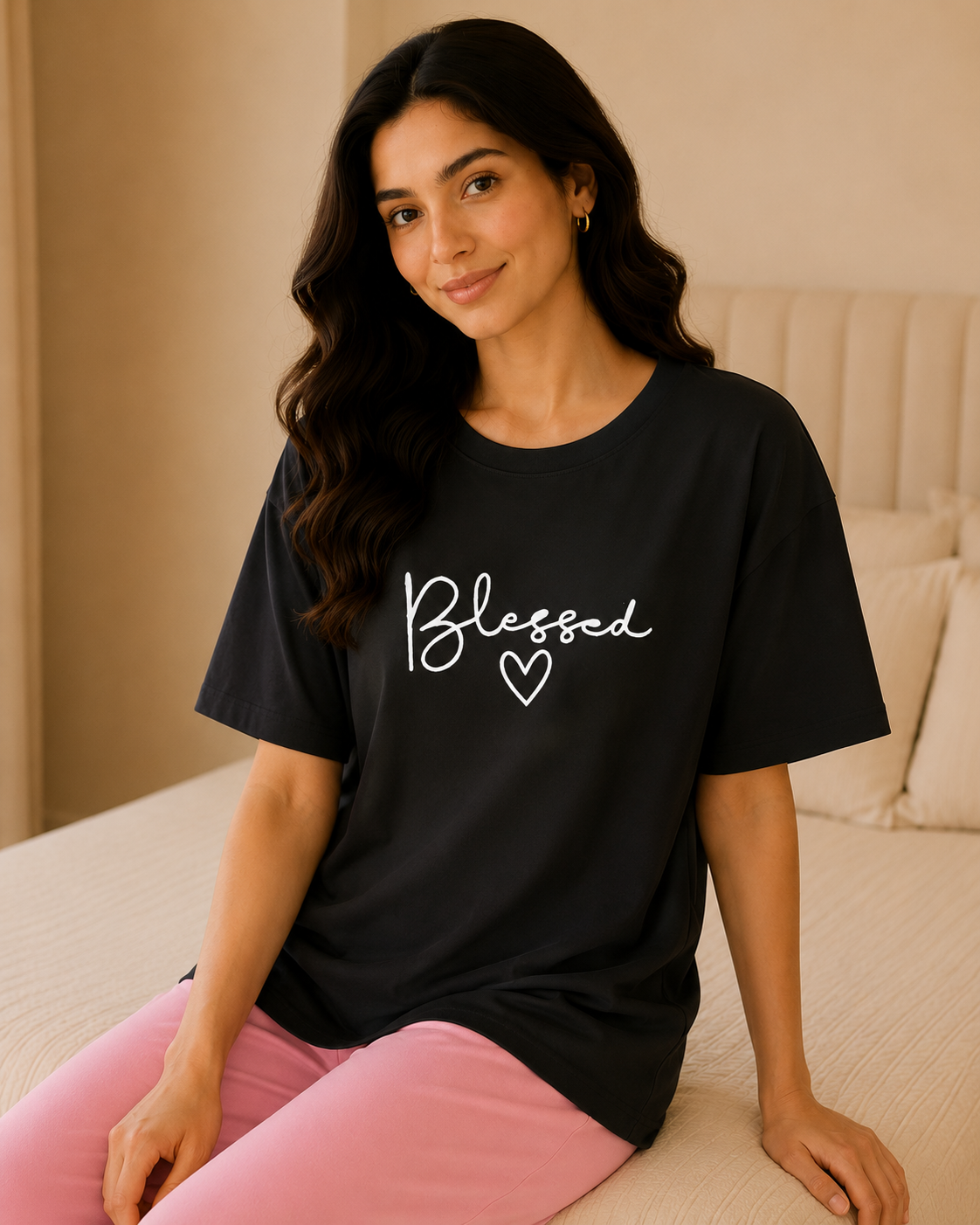 Blessed Printed Black T-shirt and Pink Pajama Night Suit