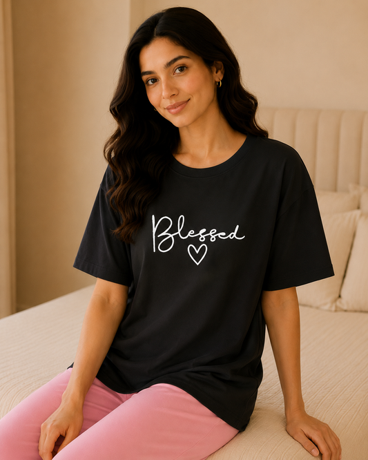 Blessed Printed Black T-shirt and Pink Pajama Night Suit