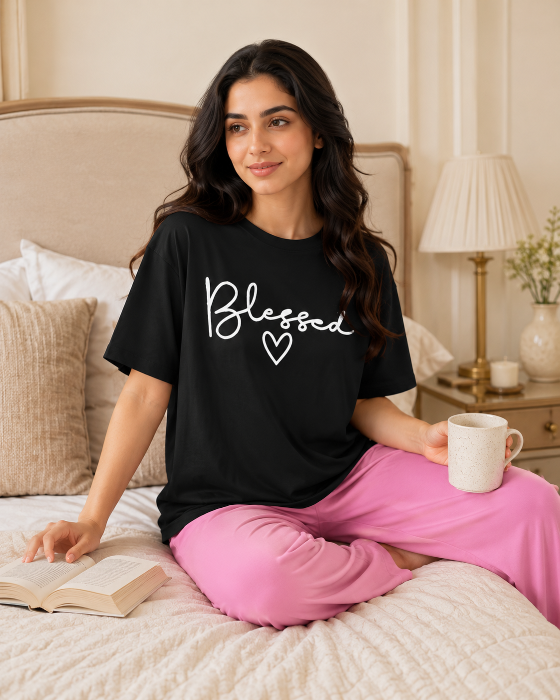 Blessed Printed Black T-shirt and Pink Pajama Night Suit