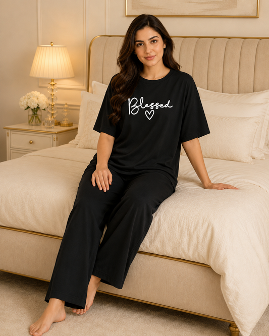 Blessed black T-shirt and black pajama women night suit model hero