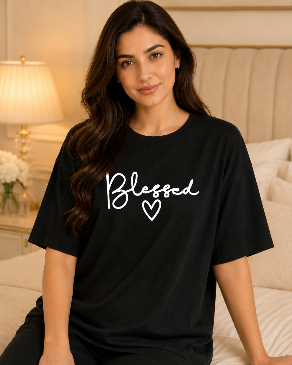 Blessed Printed Black T-shirt and Black Pajama Night Suit