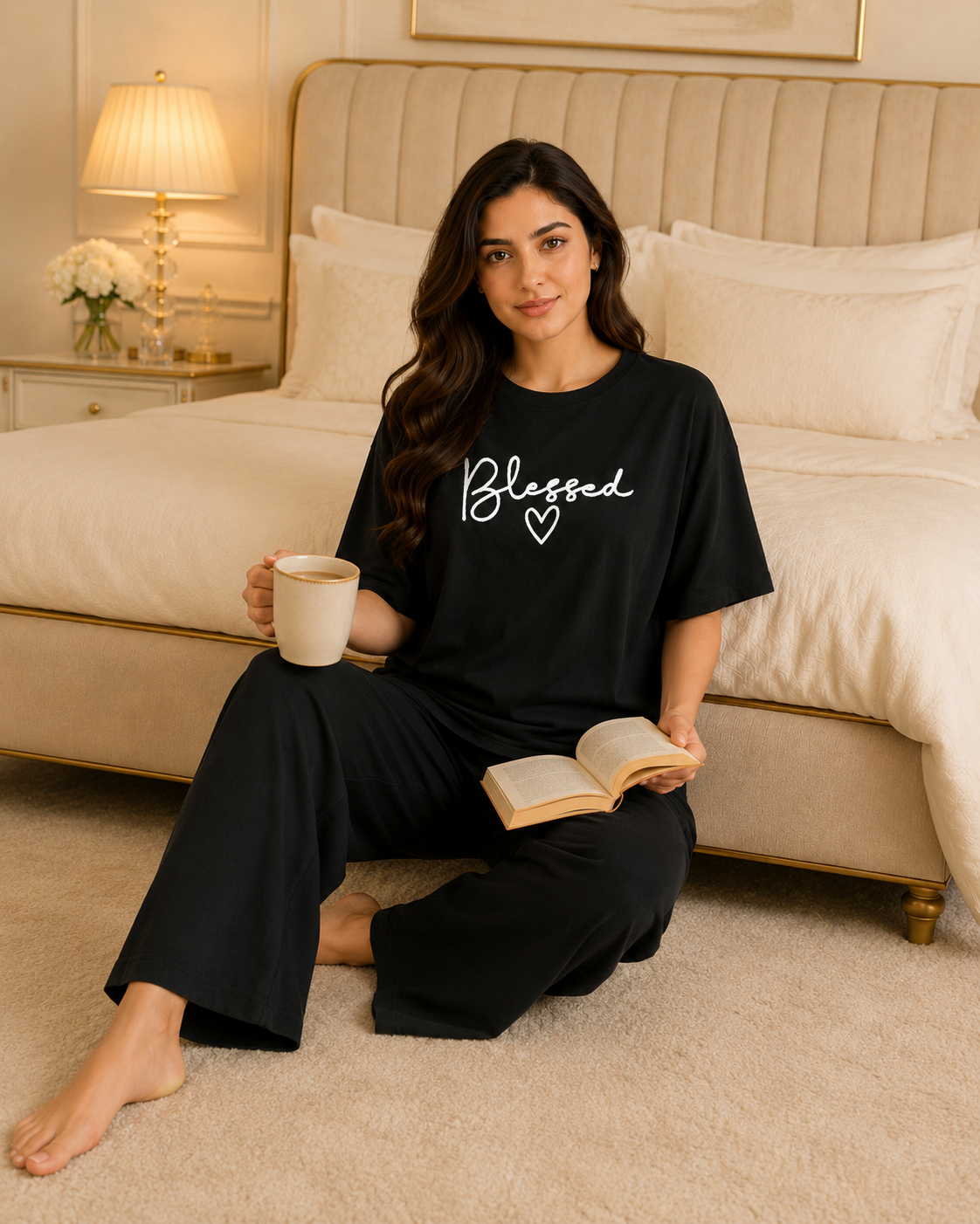 Blessed Printed Black T-shirt and Black Pajama Night Suit