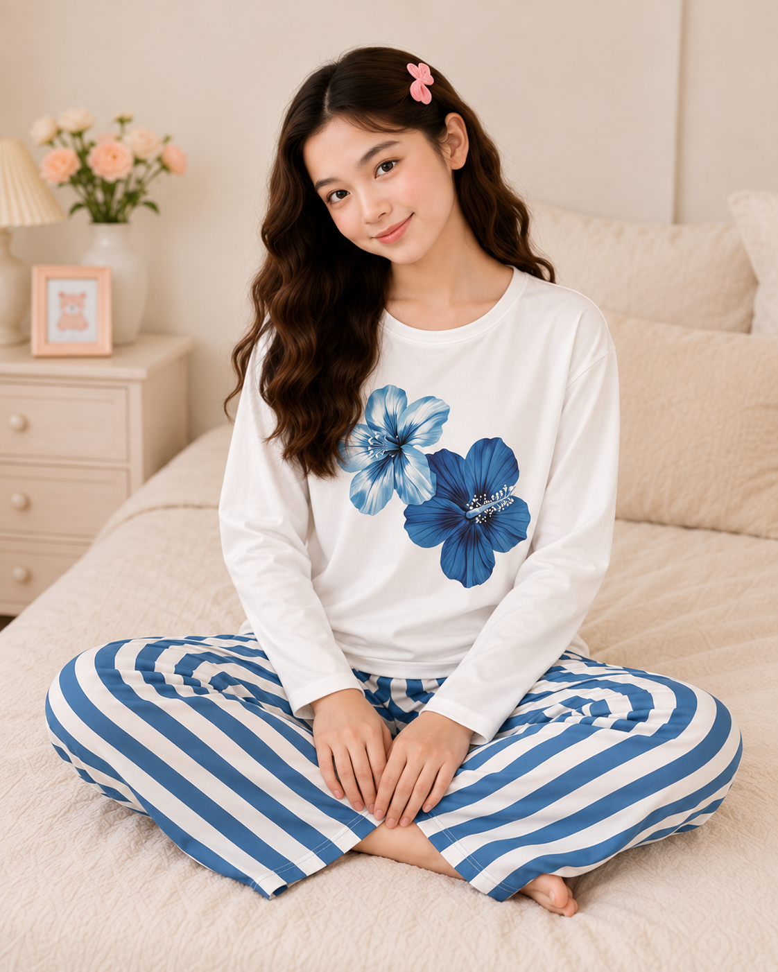 Blue Flower Full Sleeve Night Suit for Girls