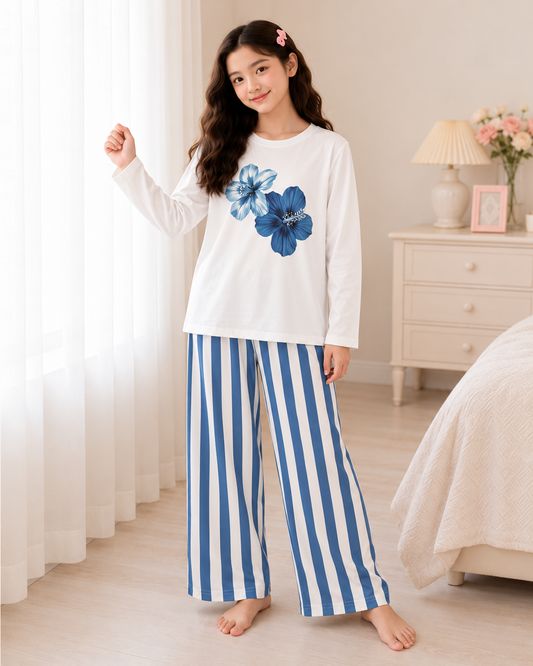 Blue Flower Full Sleeve Night Suit for Girls