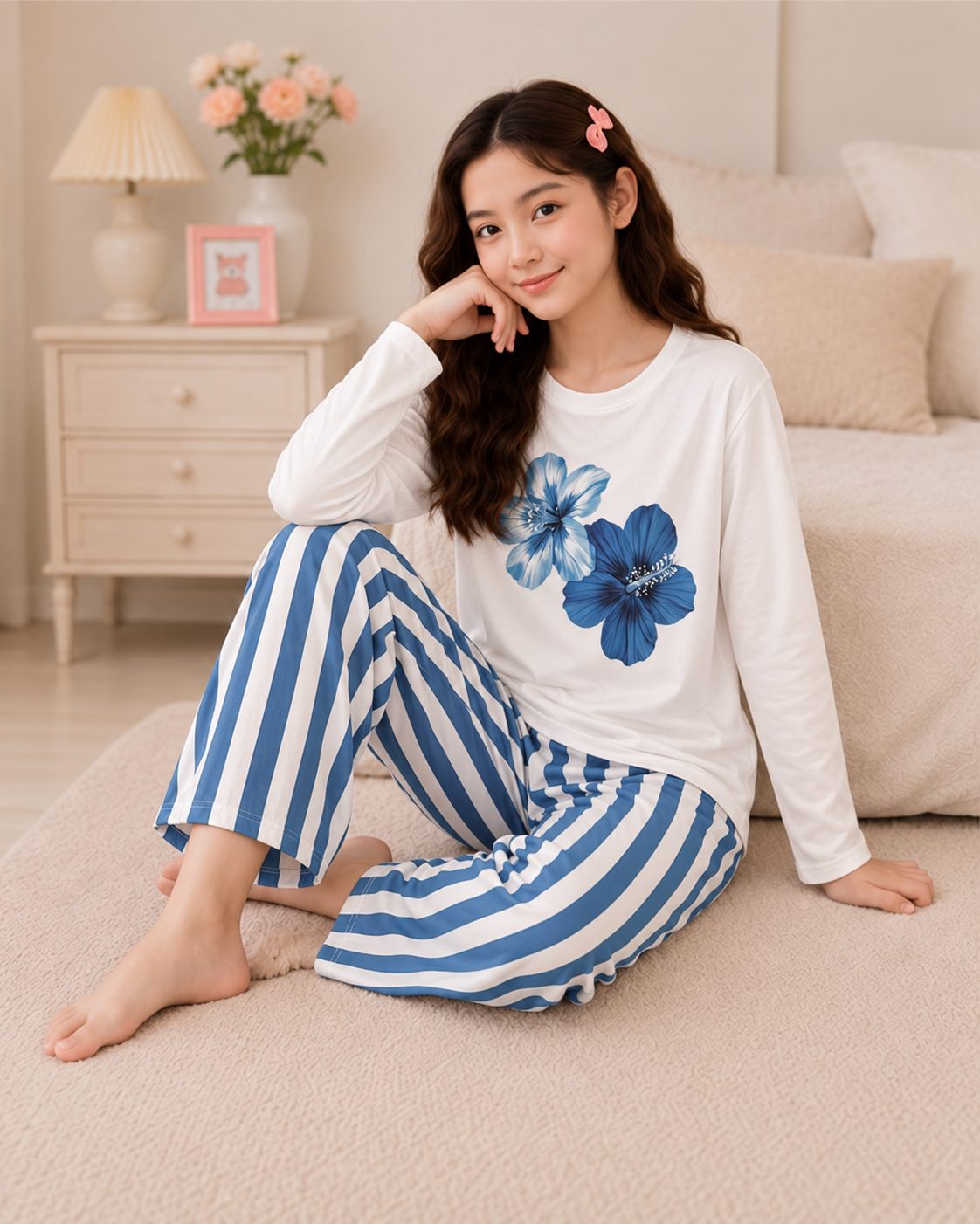 Blue Flower Full Sleeve Night Suit for Girls