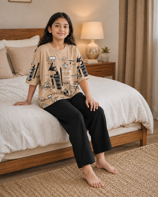 Brown planet Printed Night suits