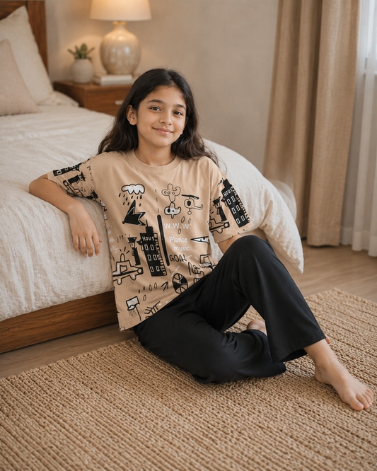 Brown planet Printed Night suits