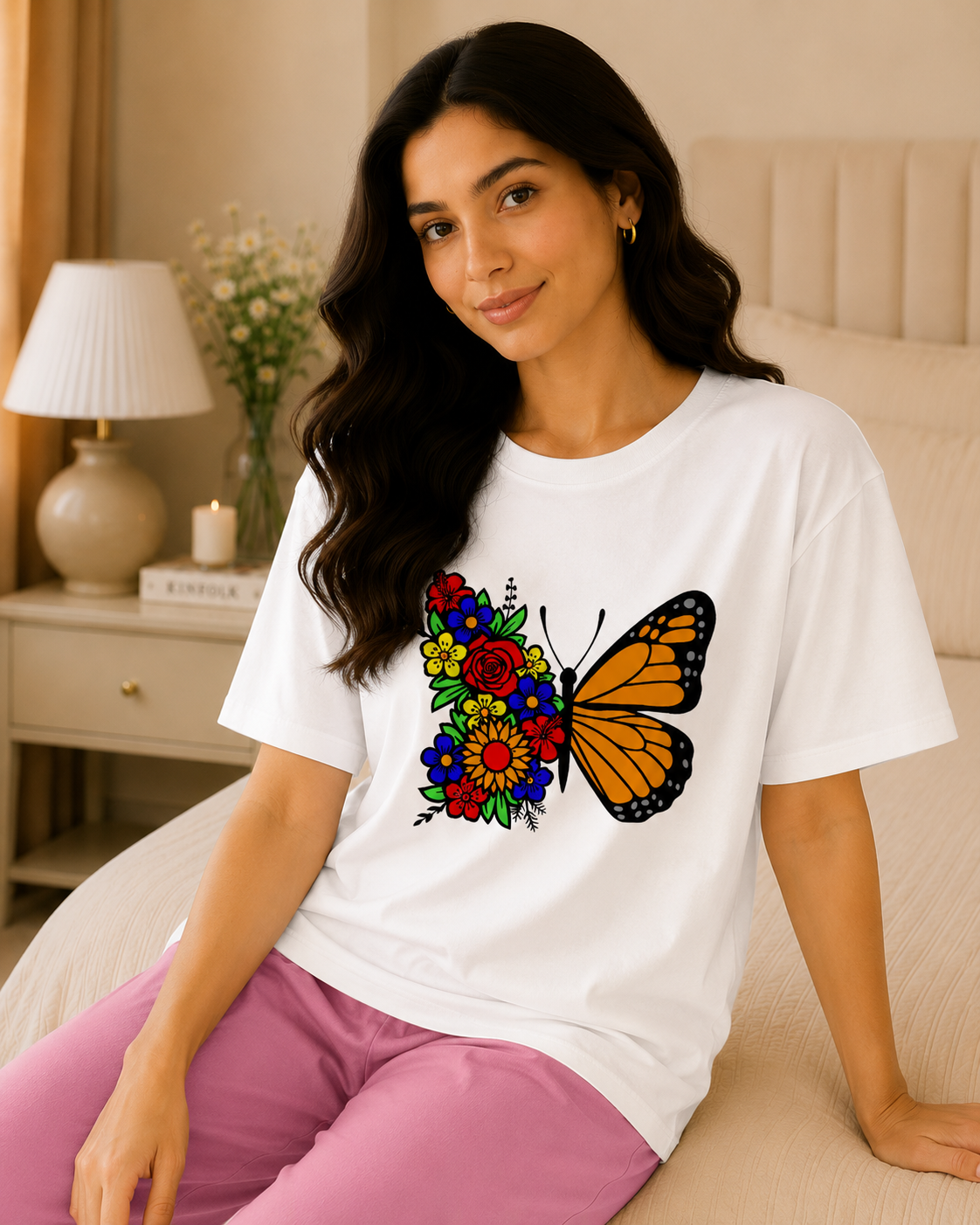 Butterfly Printed White T-shirt and pink Pajama Night Suit