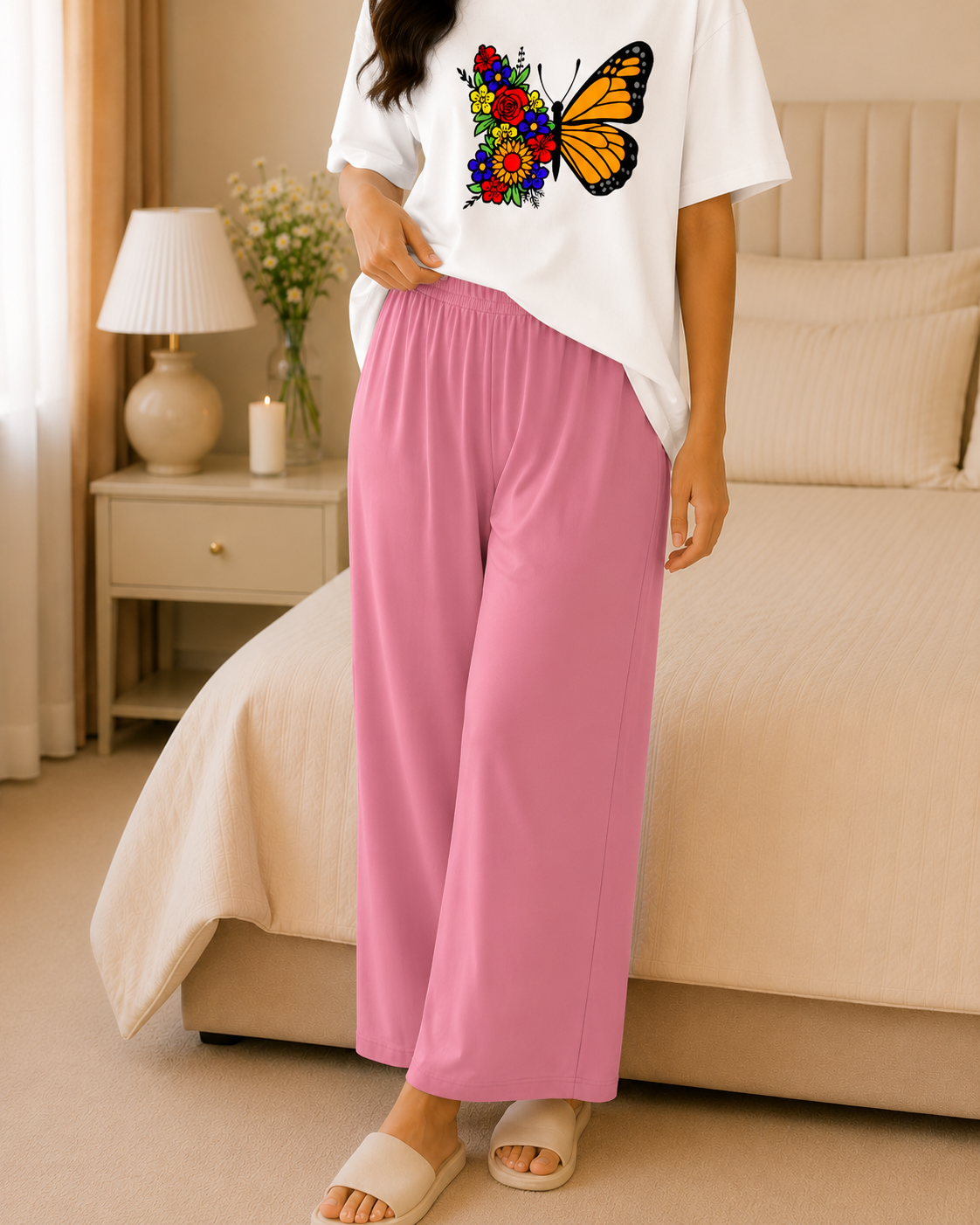 Butterfly Printed White T-shirt and pink Pajama Night Suit