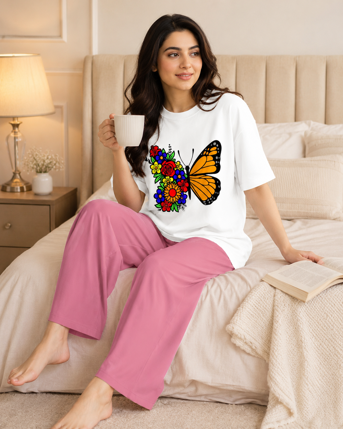 Butterfly Printed White T-shirt and pink Pajama Night Suit