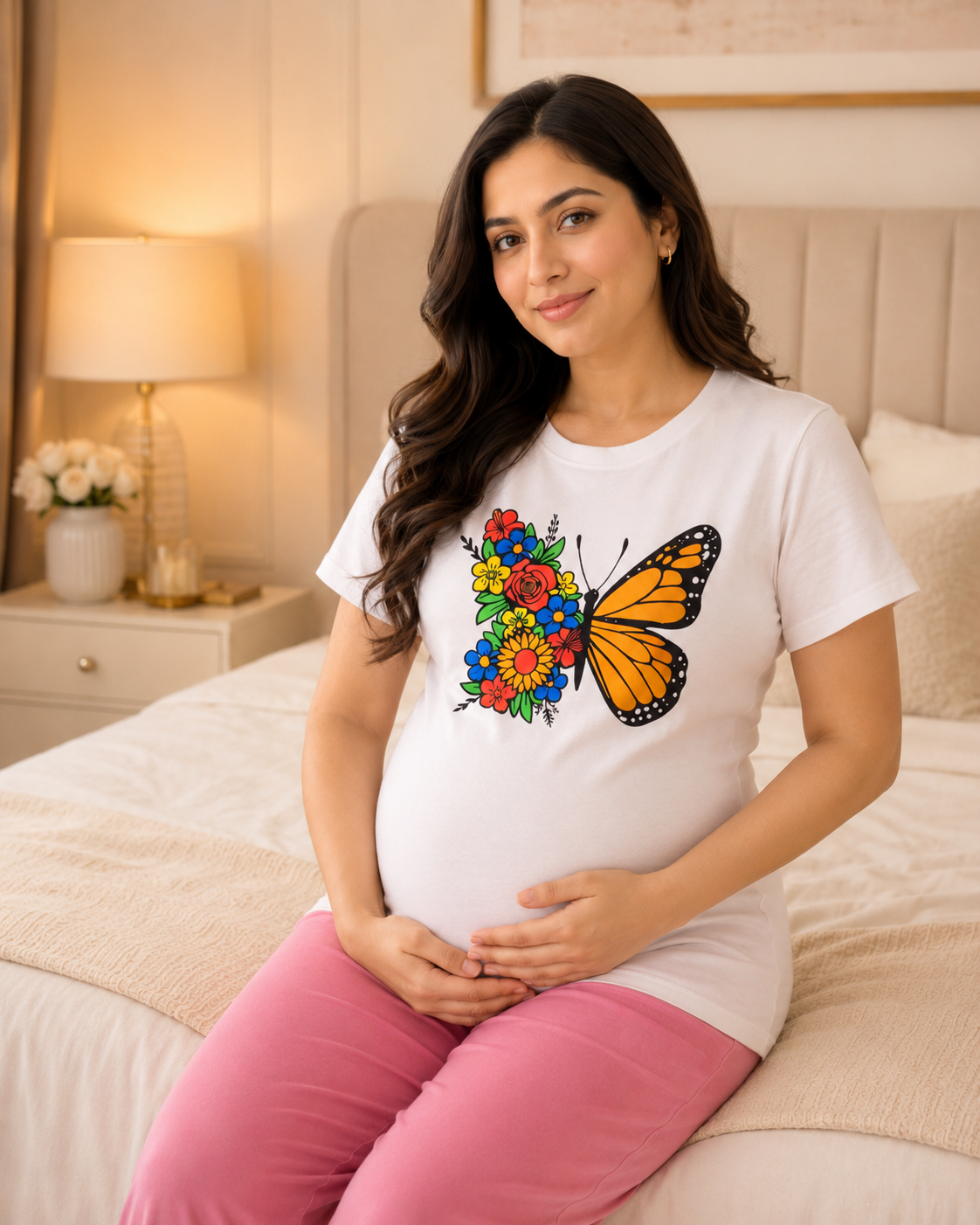 Butter Pink pajama and White t-shirt  Maternity Cotton Night Suit