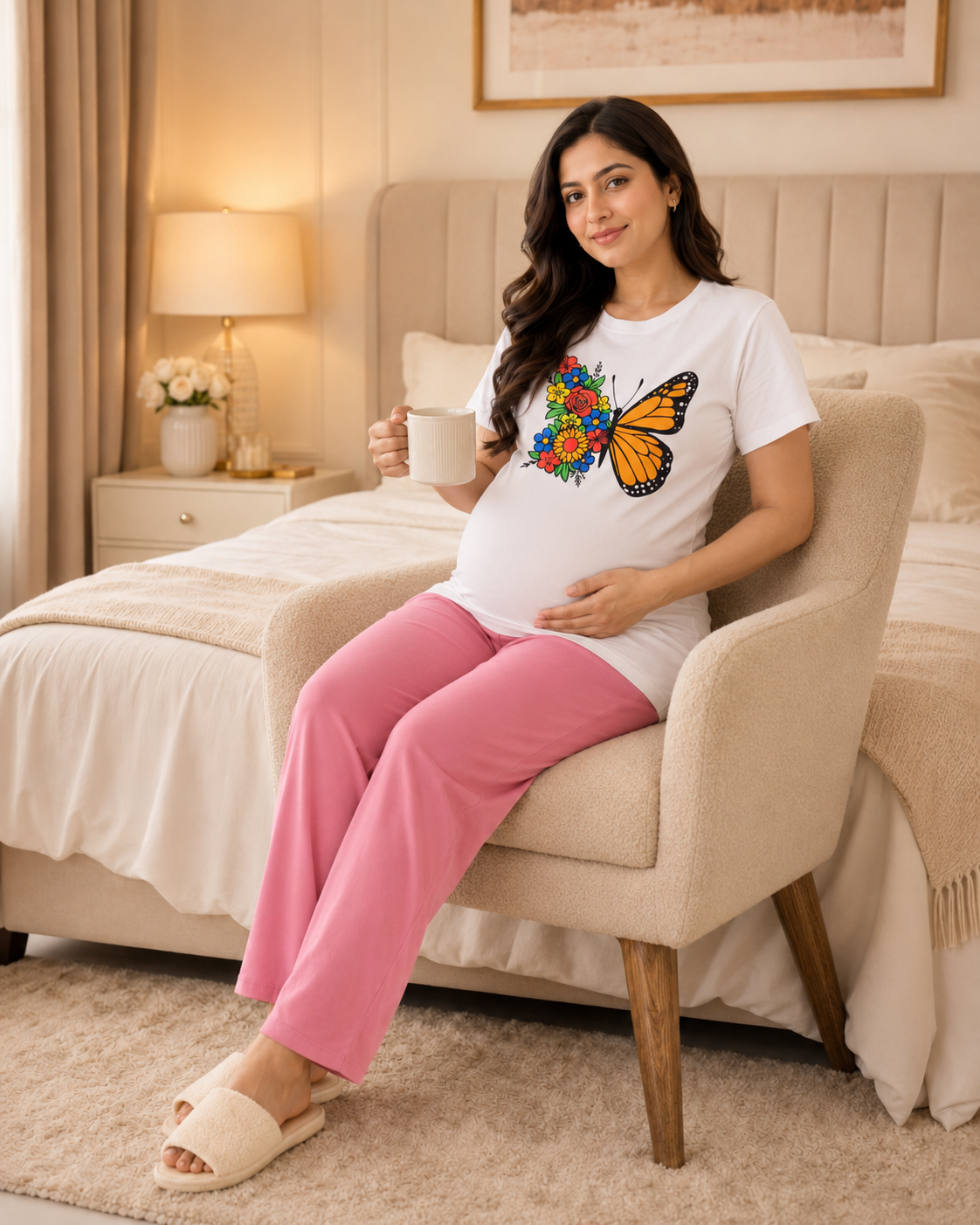 Butter Pink pajama and White t-shirt  Maternity Cotton Night Suit
