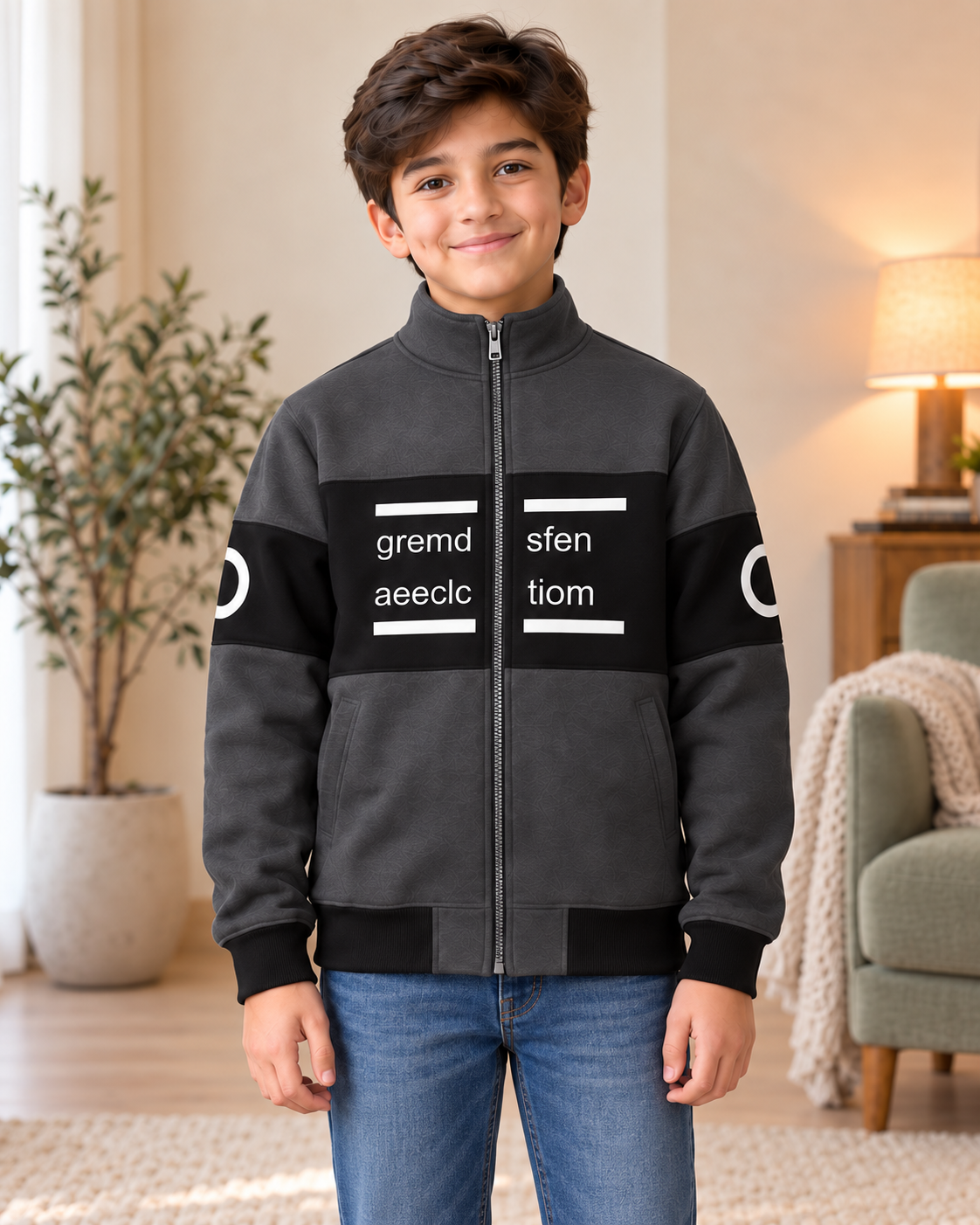 Kids Charcoal & Black Graphic Zip-Up Jacket, front