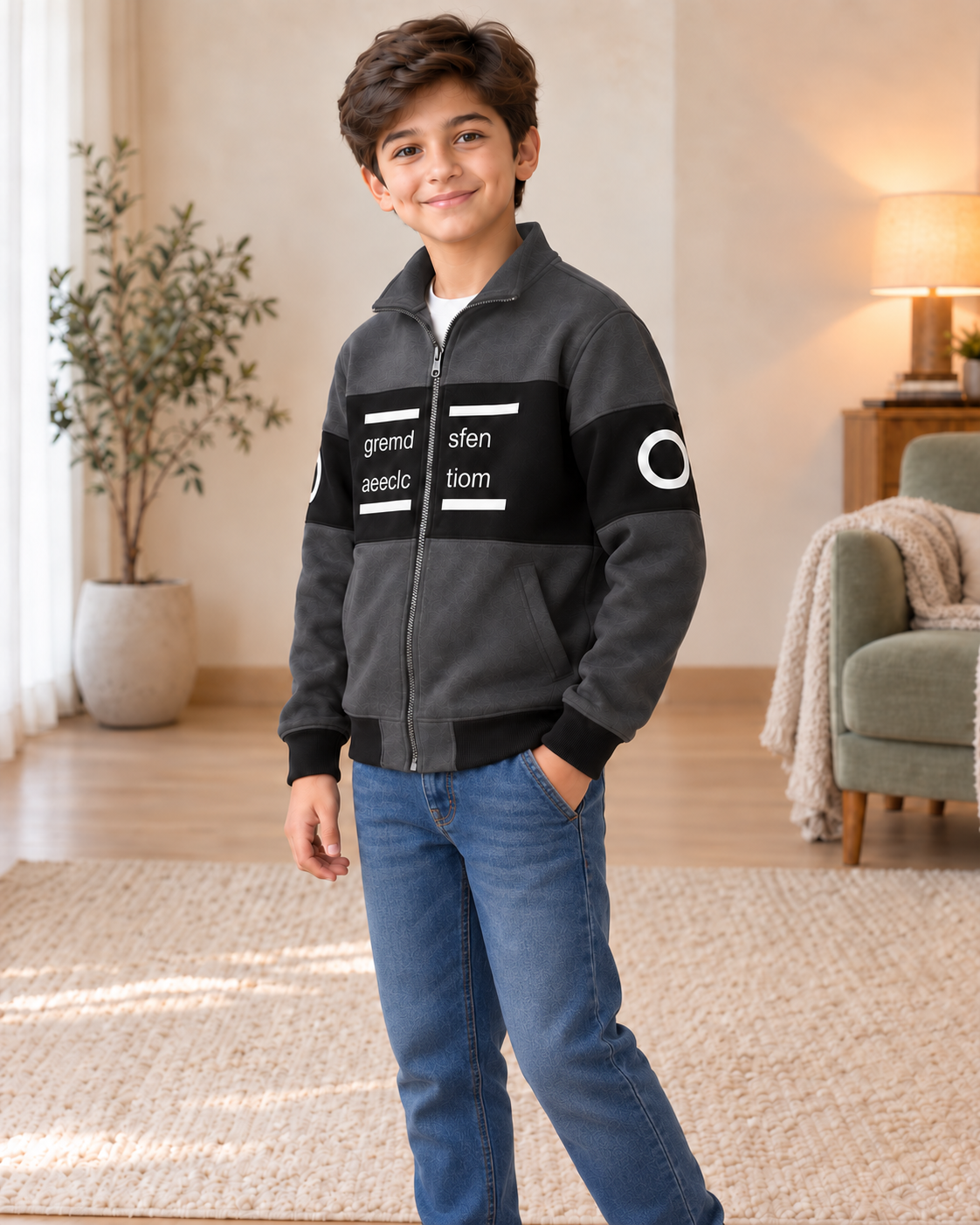 Kids Charcoal & Black Graphic Zip-Up Jacket, three-quarter