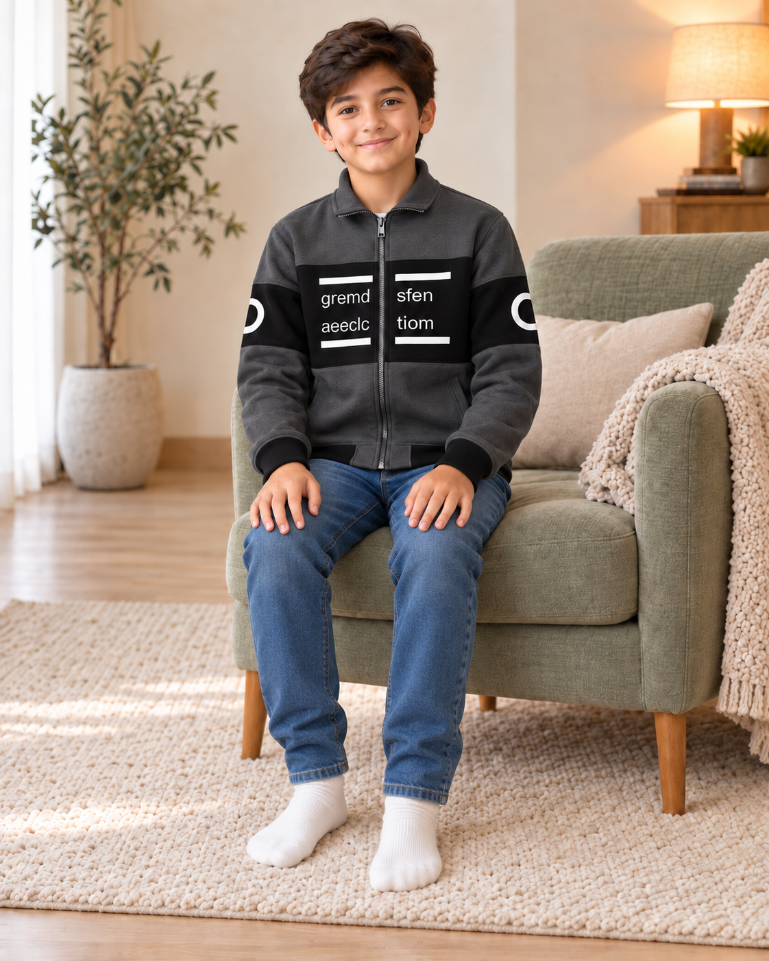 Kids Charcoal & Black Graphic Zip-Up Jacket, sitting