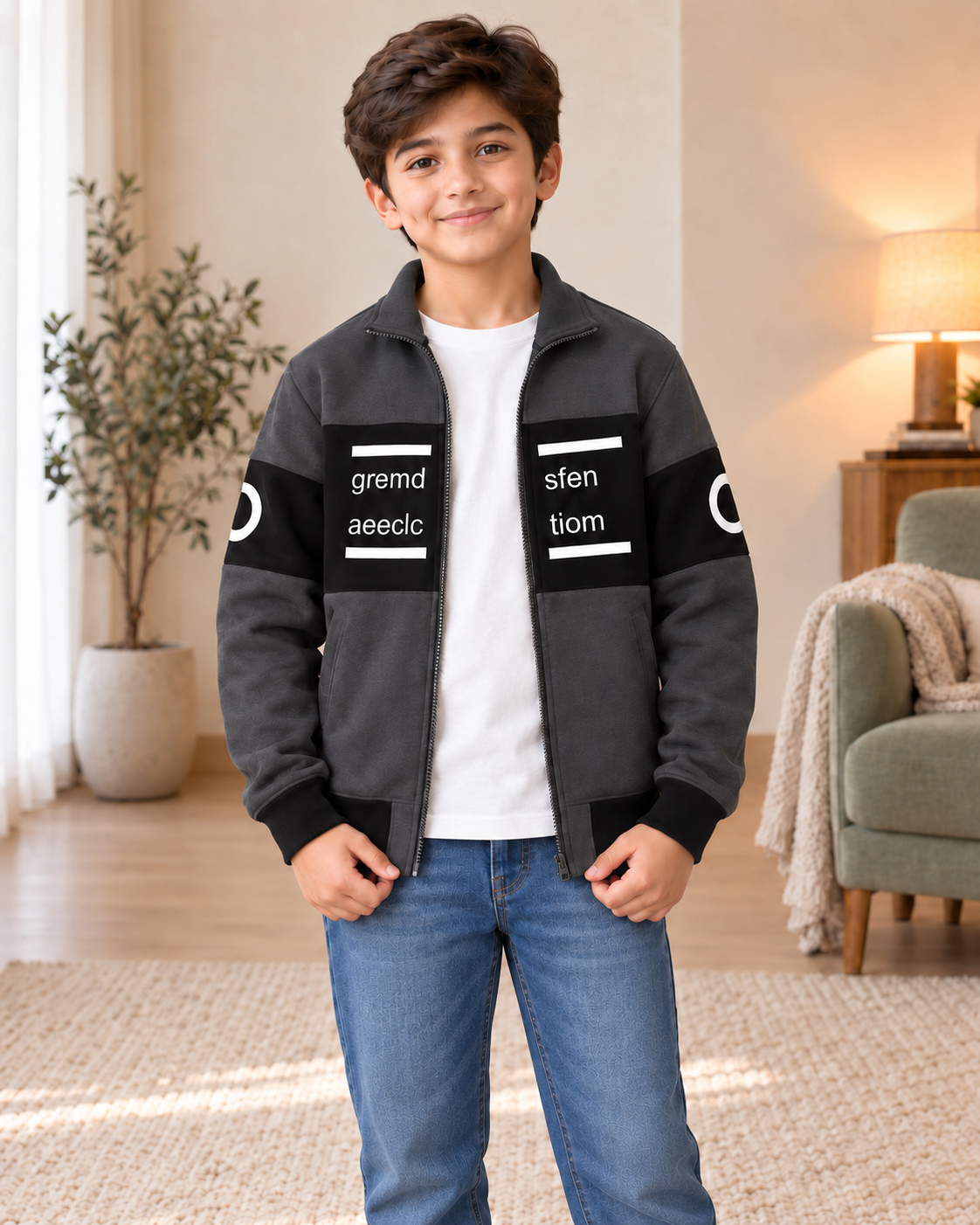 Kids Charcoal & Black Graphic Zip-Up Jacket, open zip