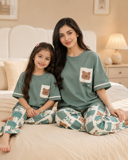 Mom & Daughter Matching Cotton Night Suit – Green panda