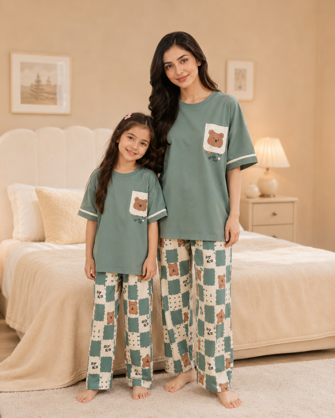 Mom & Daughter Matching Cotton Night Suit – Green panda
