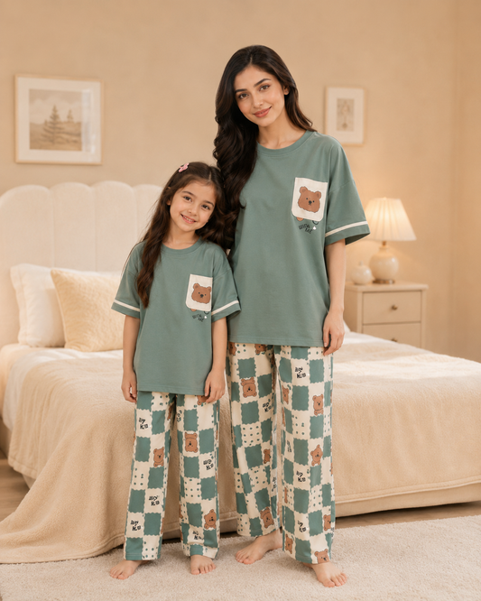 Mom & Daughter Matching Cotton Night Suit – Green panda